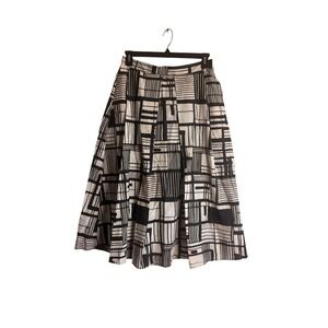 DKNY Geometric Print Midi Skirt Black White Pleated Knee Length Women M